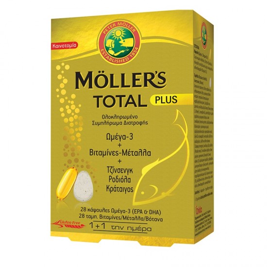Mollers Total Plus Ωμέγα 3 + Βιταμίνες + Μέταλλα + Τζίνγκσενγκ + Ροδιόλα + Κράταιγος 28 κάψουλες & 28 ταμπλέτες Mollers Total Plus Ωμέγα 3 + Βιταμίνες + Μέταλλα + Τζίνγκσενγκ + Ροδιόλα + Κράταιγος 28 κάψουλες & 28 ταμπλέτες