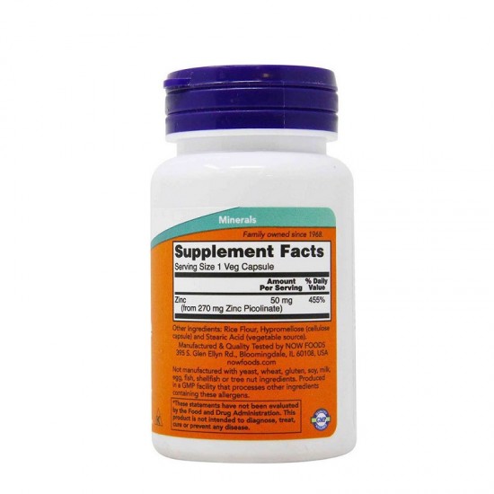 NOW FOODS Zinc Picolinate 50mg Συμπλήρωμα Διατροφής με Ψευδάργυρο 60 φυτικές κάψουλες