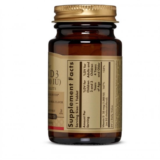Solgar Vitamin D3 25 mcg (1000 IU) 100 Chewable Tablets - Natural Strawberry-Banana Flavor Solgar Vitamin D3 25 mcg (1000 IU) 100 Chewable Tablets - Natural Strawberry-Banana Flavor