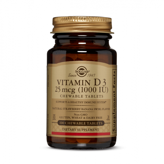 Solgar Vitamin D3 25 mcg (1000 IU) 100 Chewable Tablets - Natural Strawberry-Banana Flavor Solgar Vitamin D3 25 mcg (1000 IU) 100 Chewable Tablets - Natural Strawberry-Banana Flavor