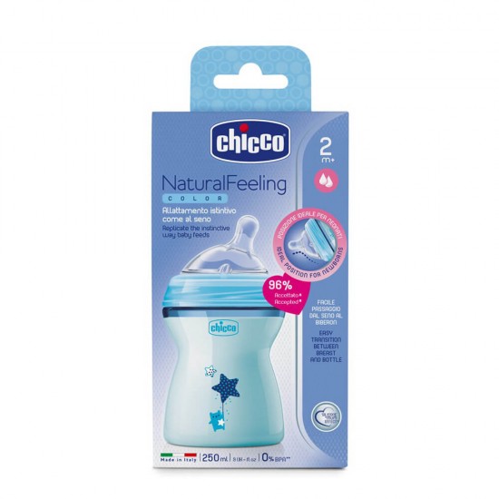 Biberon CHICCO Natural Feeling, Blue , 250ml, t.s., 2luni+, 0%BPA (80825-21)