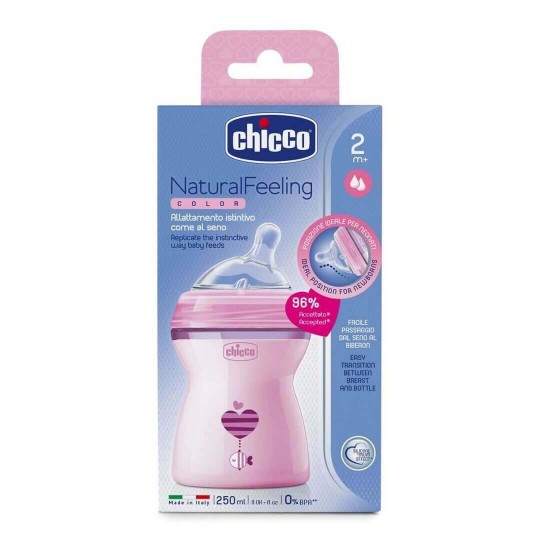 CHICCO Silicone Plastic Bottle Natural Feeling Pink 2m+ (80825-11) 250ml CHICCO Silicone Plastic Bottle Natural Feeling Pink 2m+ (80825-11) 250ml