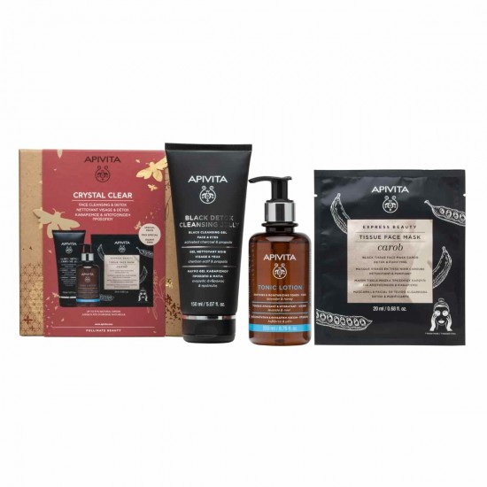 Apivita Set Crystal Clear Black Detox Cleansing Gel 150ml + Tonic Lotion Lavender & Honey 200ml + Express Beauty Tissue Face  Mask 20ml