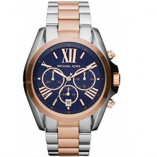 Michael Kors MK5606 43mm Bradshaw Chronograph Silver Rose Gold Navy Watch