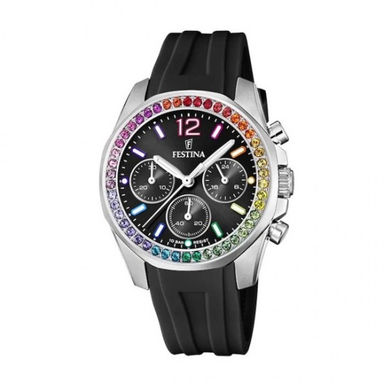 Festina 20610/3 , Boyfriend Rainbow Women's Watch Chronograph with Black Rubber Strap Festina 20610/3 , Boyfriend Rainbow Women's Watch Chronograph with Black Rubber Strap