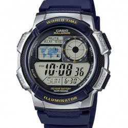Casio AE-1000W-2AVEF ,  World Time Illuminator Digital Men's Watch 44mm Chronograph Battery with Blue Rubber Strap 