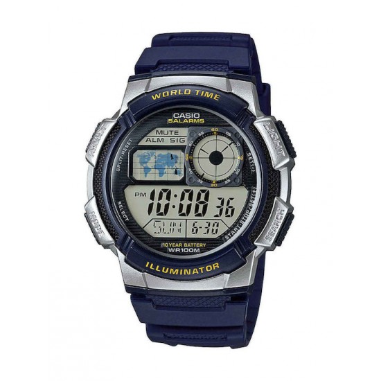 Casio AE-1000W-2AVEF ,  World Time Illuminator Digital Men's Watch 44mm Chronograph Battery with Blue Rubber Strap