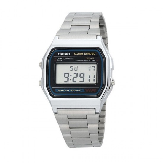 Casio Vintage A158WA-1DF Men's Digital Watch with Silver Stainless Steel Bracelet 34mm
