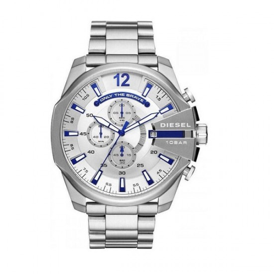 DieselDZ4477 Mega Chief Men's Chronograph Watch 51mm Silver Dial Stainless Steel Bracelet