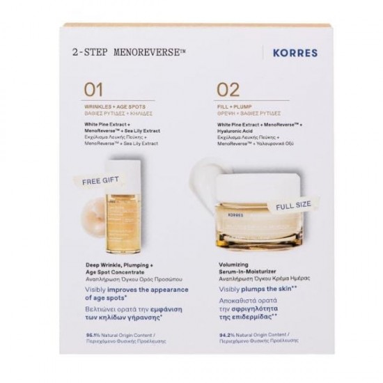 Korres White Pine 2-Step Meno Reverse White Pine Volumizing Serum-in-Moisturizer Day Cream, 40ml & Free Face Serum for Deep Wrinkles and Spots, 15ml, 1 set Korres White Pine 2-Step Meno Reverse White Pine Volumizing Serum-in-Moisturizer Day Cream, 40ml & Free Face Serum for Deep Wrinkles and Spots, 15ml, 1 set