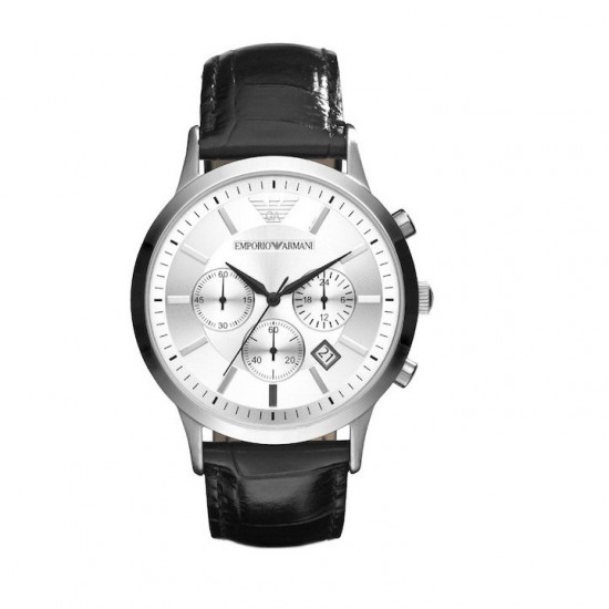 Emporio Armani Chronograph Watch with Battery and Black Leather Strap